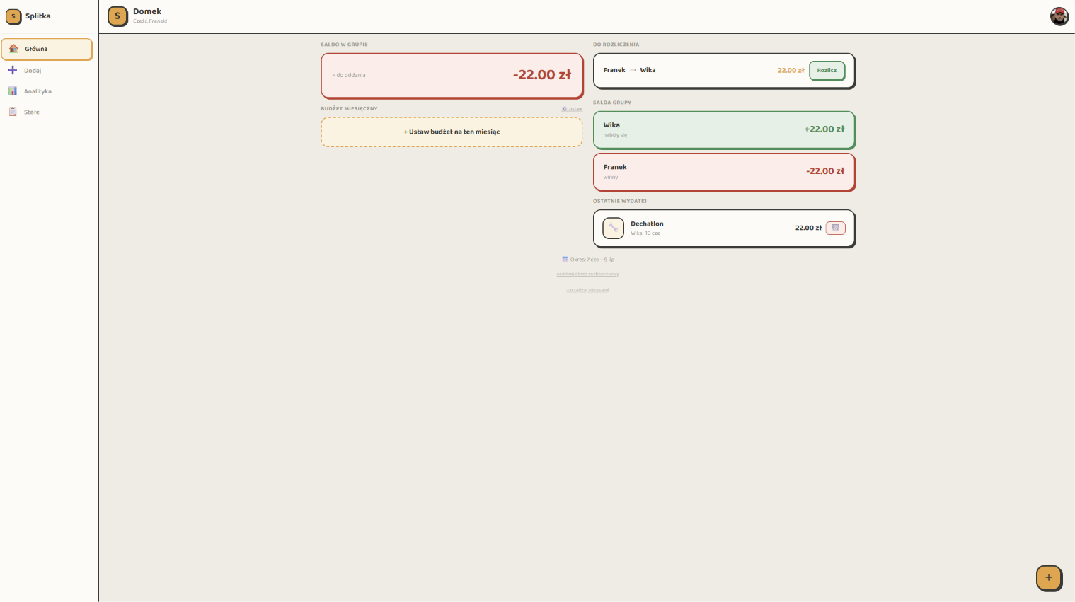 Splitka na desktopie — dashboard z boczną nawigacją