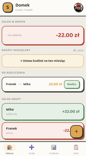 Ekran główny Splitki — saldo, budżet i lista do rozliczenia