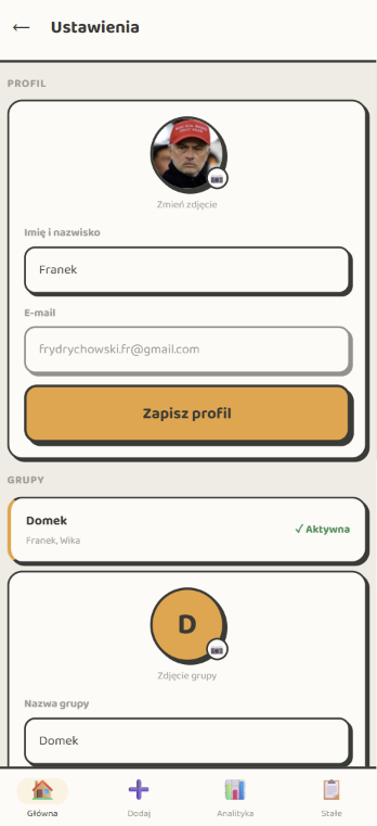 Ekran ustawień — profil i grupa